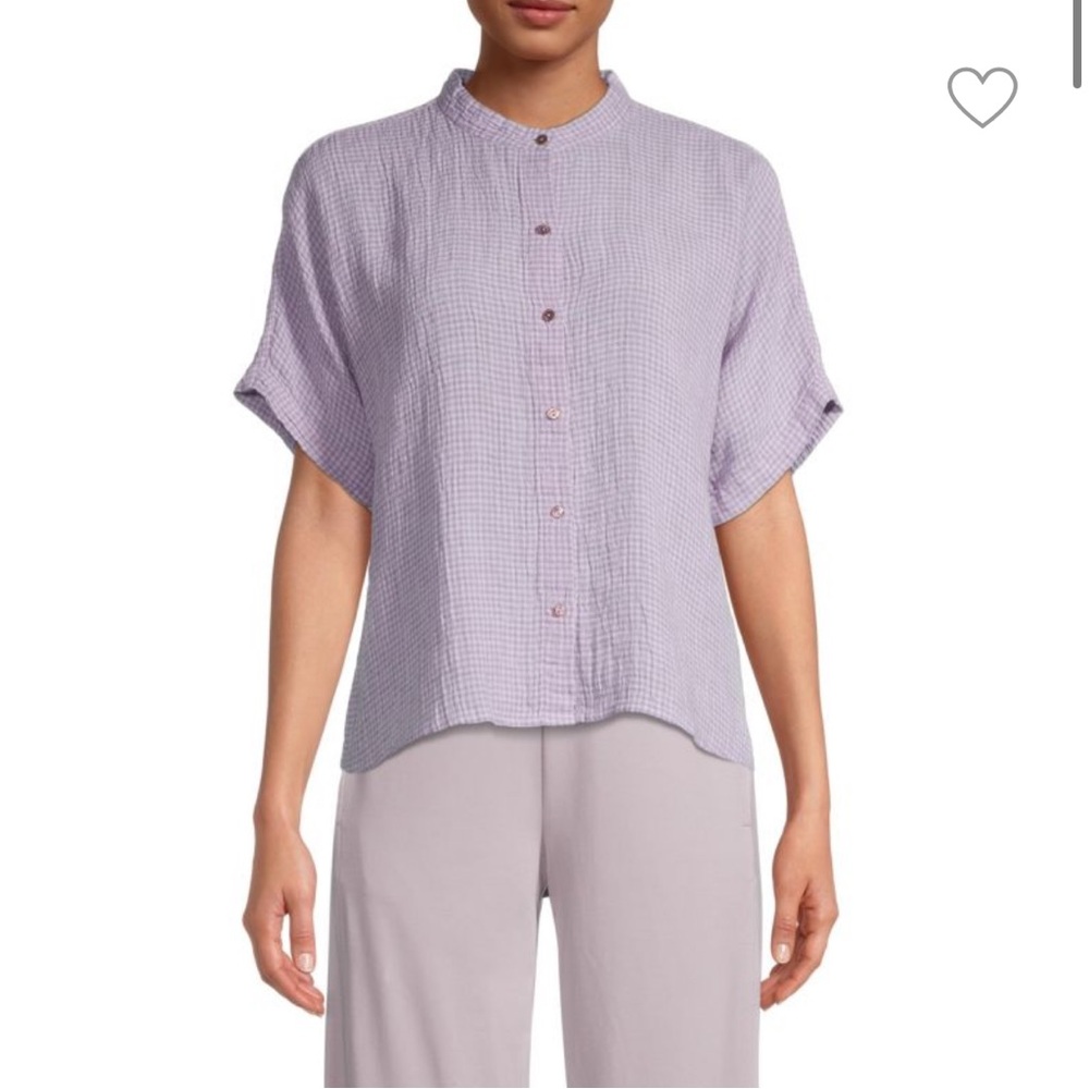 Eileen Fisher Purple Check Short-Sleeve Linen Shirt Petite Small